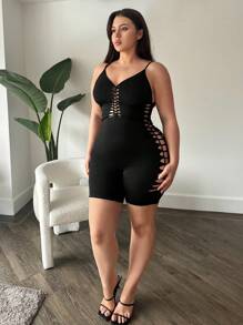 SHEIN SXY Cộng với kích thước áo liền quần dệt kim liền mạch thông thường cho chuyến đi chơi và đi xe đạp trên đường phố - màu đen - Xem 3