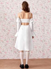 GENKIRA Vintage American Style Casual Sweet & Spicy Backless Drawstring Waist Cutout Design Flare Sleeve Cold-Shoulder Mid-Length Dress Fall Cloth For Women - White - View 2