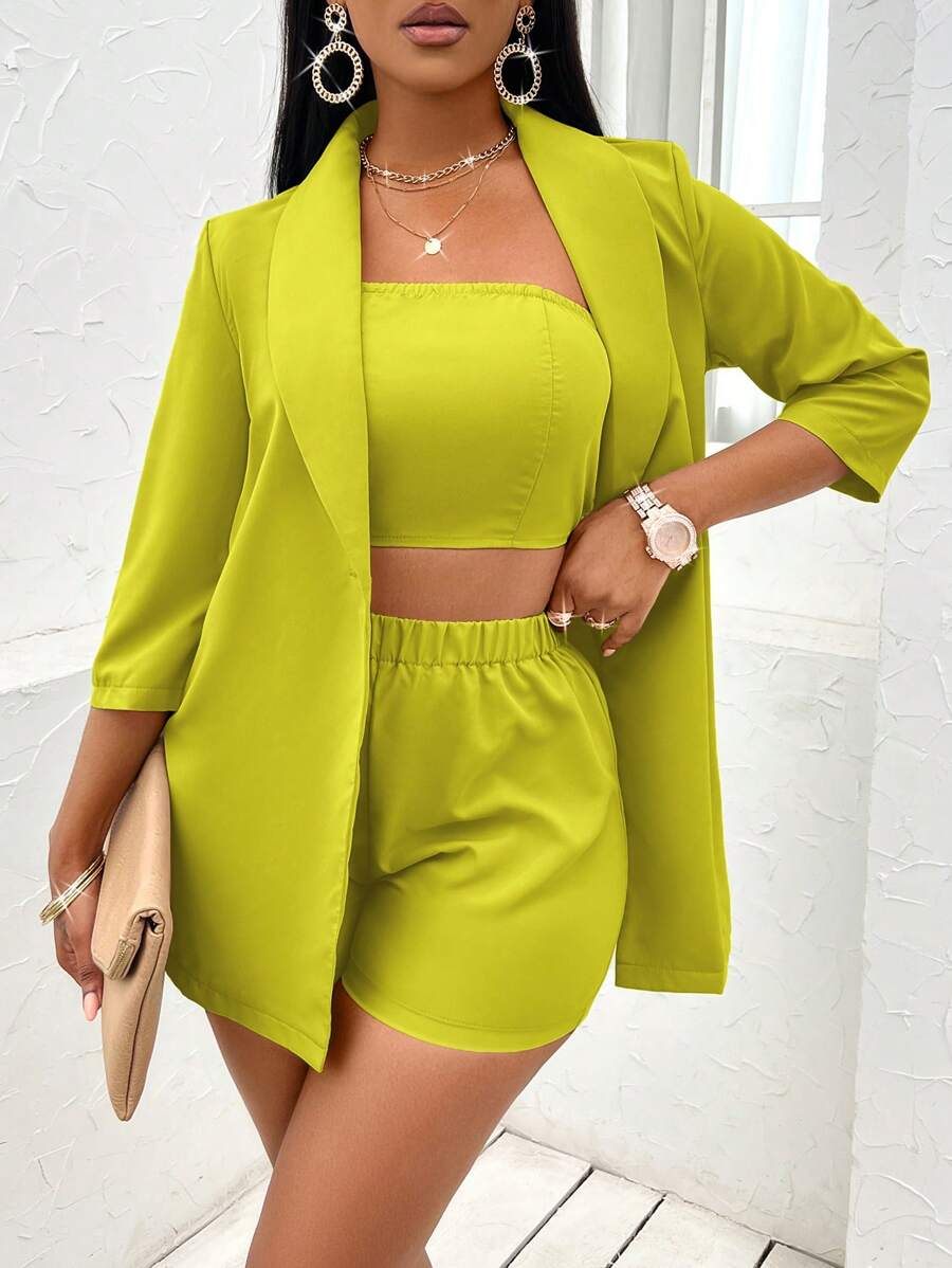 SHEIN Slayr Women's Solid Color Simple Daily Wear Top And Shorts Two-Piece Set - Yellow - View 1