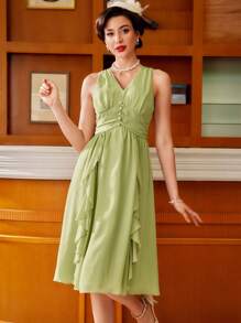 Vintamour Sage Green Elegant Summer Date Women's Dress,Vintage V Neck Mesh Chiffon Ruched Ruffle Hem Sleeveless Faux Pearl Button Midi Formal Wedding Dresses - Green - View 5