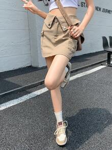女式简约纯色休闲牛仔半身裙，配有翻边腰带和口袋 - 卡其色 - 查看 7