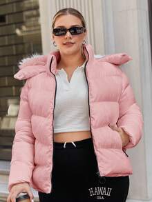 SHEIN Cottnline Plus Size Puffer Coat With Trimmed Hood And Zipper Front - Rusty Rose - View 5