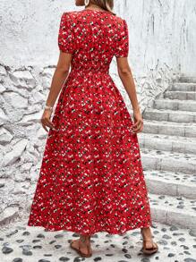 SHEIN LUNE Women's Leopard Print V-Neck Short Puff Sleeve Long Casual Summer Holiday Dress - Red - View 2