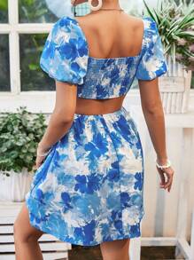 SHEIN VCAY Women's Vacation Random Print Simple Daily Dress - Blue - View 2