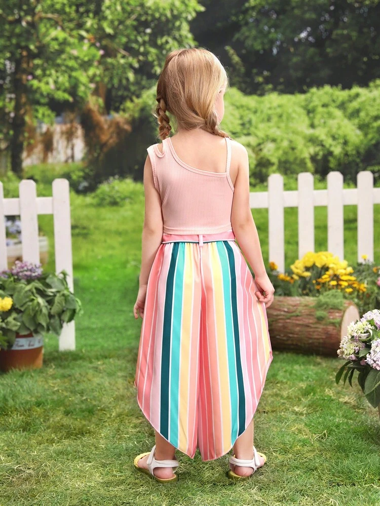 Young Girl Asymmetrical Neck Top & Block Striped Belted Pants