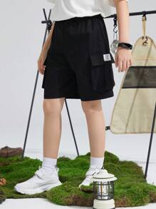 SHEIN 2pcs/Set Tween Boys' Loose Fit Casual Solid Color Woven Cargo Shorts
