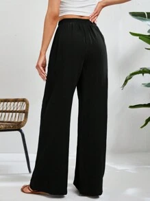 SHEIN Tall Quần ống rộng buộc dây cạp cao phong cách Pháp Holiday Green có túi xéo - màu đen - Xem 2