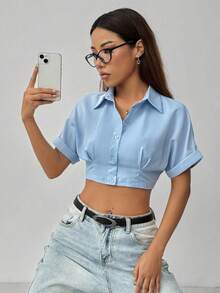 SHEIN Unity Roll Cuff Roll-Up Tab Batwing Sleeve Solid Color Summer Shirt - Blue - View 6