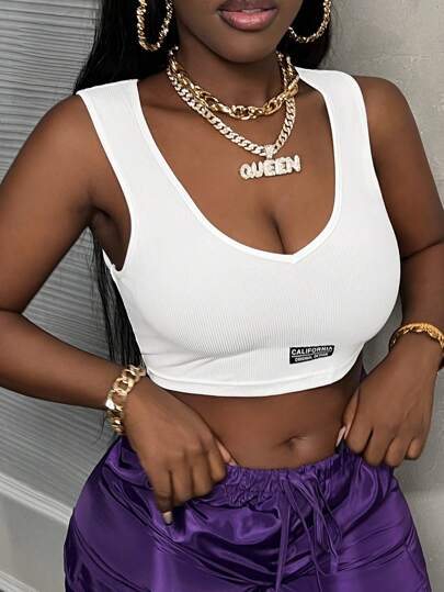 Slaydiva 性感休闲百搭V领撞色罗纹背心，适合女性穿着，也适合音乐节/锐舞派对等场合。