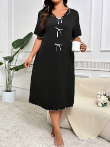 SHEIN Plus Size Simple & Casual Bowknot Decorated Mid-Length Pajama Night Dress - Black - View 4