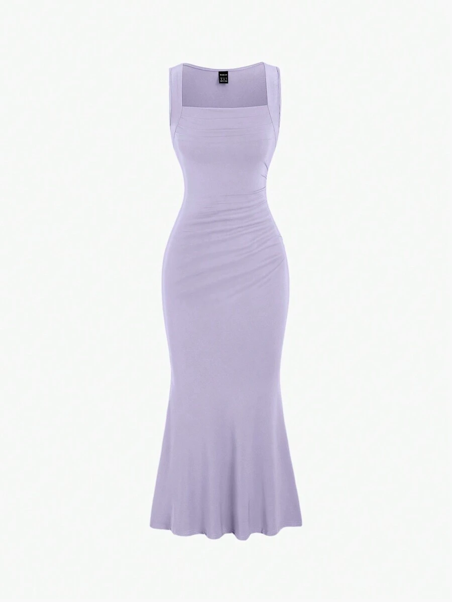 Sweetra Summer Solid Color Sleeveless Bodycon Mermaid Dress With Ruched Hem Maxi Women Outfit - Mauve Purple - View 1