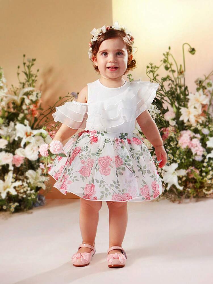 Baby Girl Elegant Knitted Patchwork Organza Ruffled Cold Shoulder Top With Elastic Waist And Organza Floral Design Skirt, Suitable For Summer