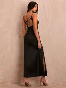 SHEIN BAE Robe longue d'été avec bordure en dentelle noire, nœud devant et fente ouverte - Noir - Voir 2