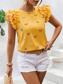 SHEIN VCAY Blusa doble capa con mangas y tela tejida para mujer, ideal para vacaciones - Amarillo - Ver 2