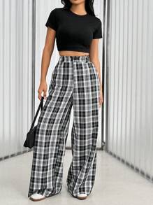 Flirla Women's Plaid Loose Wide Leg Pants