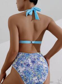 SHEIN Swim Summer Women's Vacation Plant Printed Halter Bandage Sexy Bikini Set - Multicolor - View 2