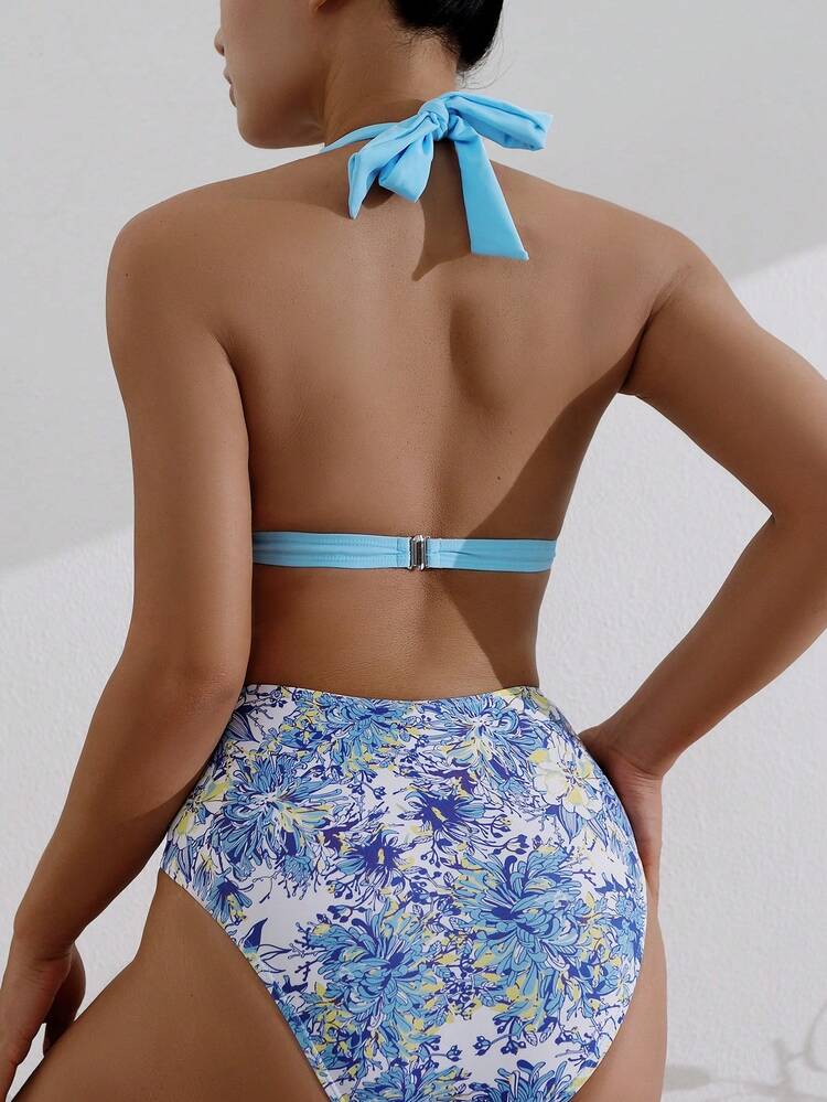 Summer Women's Vacation Plant Printed Halter Bandage Sexy Bikini Set