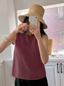 Summer Round Neck Solid Color Sleeveless Knitted Top - Burgundy - View 4