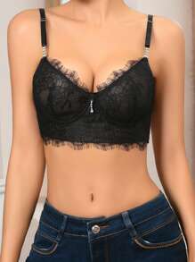 Solid Color Lace Splice Triple Hook-And-Eye Bra With Rhinestone Decoration For Women