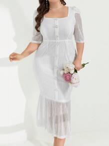 Modelyn Plus Size Women's Simple Solid Color Net Yarn Daily Dress