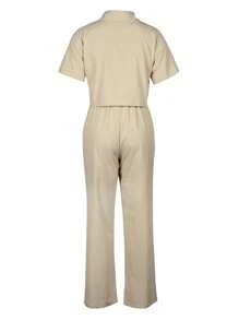 2pcs Linen Casual Outfit Set: Short Sleeve Shirt Top And Wide-Leg Pants, Fall