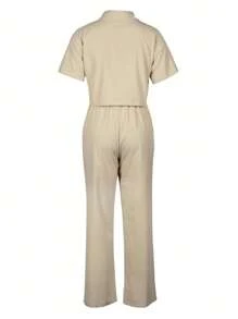 2 pièces Ensemble casual en lin: Top de chemise à manches courtes et pantalon large, automne