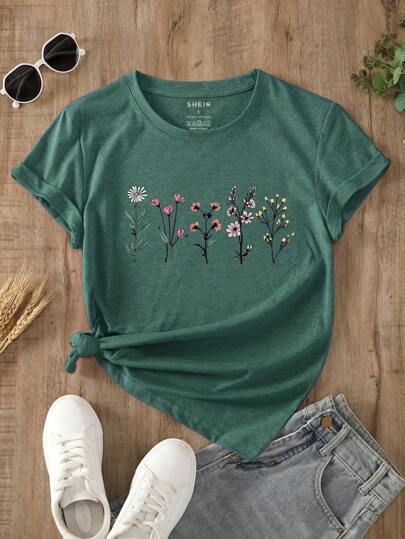 INAWLY Women's Summer Floral Printed Round Neck Short Sleeve Casual T-Shirt Graphic Tees Women Tops