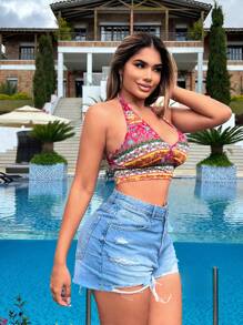 SHEIN SXY Vacation Summer Beach Seaside Holiday Retro Pattern Printed Halter Neck Crop Top For Women