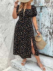 SHEIN LUNE Vestido de mujer talla grande con escote cuadrado, manga corta abullonada, estampado floral y bajo con abertura, conjunto de vestir de verano para mujer - Negro - Ver 1