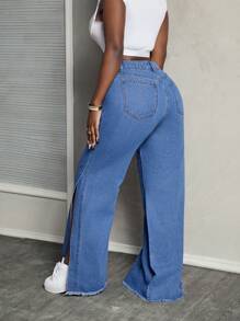 SHEIN Slayr Quần jean ống rộng xẻ tà lưng cao bất đối xứng dành cho nữ - Rửa trung bình - Xem 2