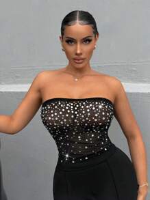 SHEIN SXY Grace Rhinestones Holiday Party Women's Music Festival Fashion Rhinestone Decorated Strapless Top