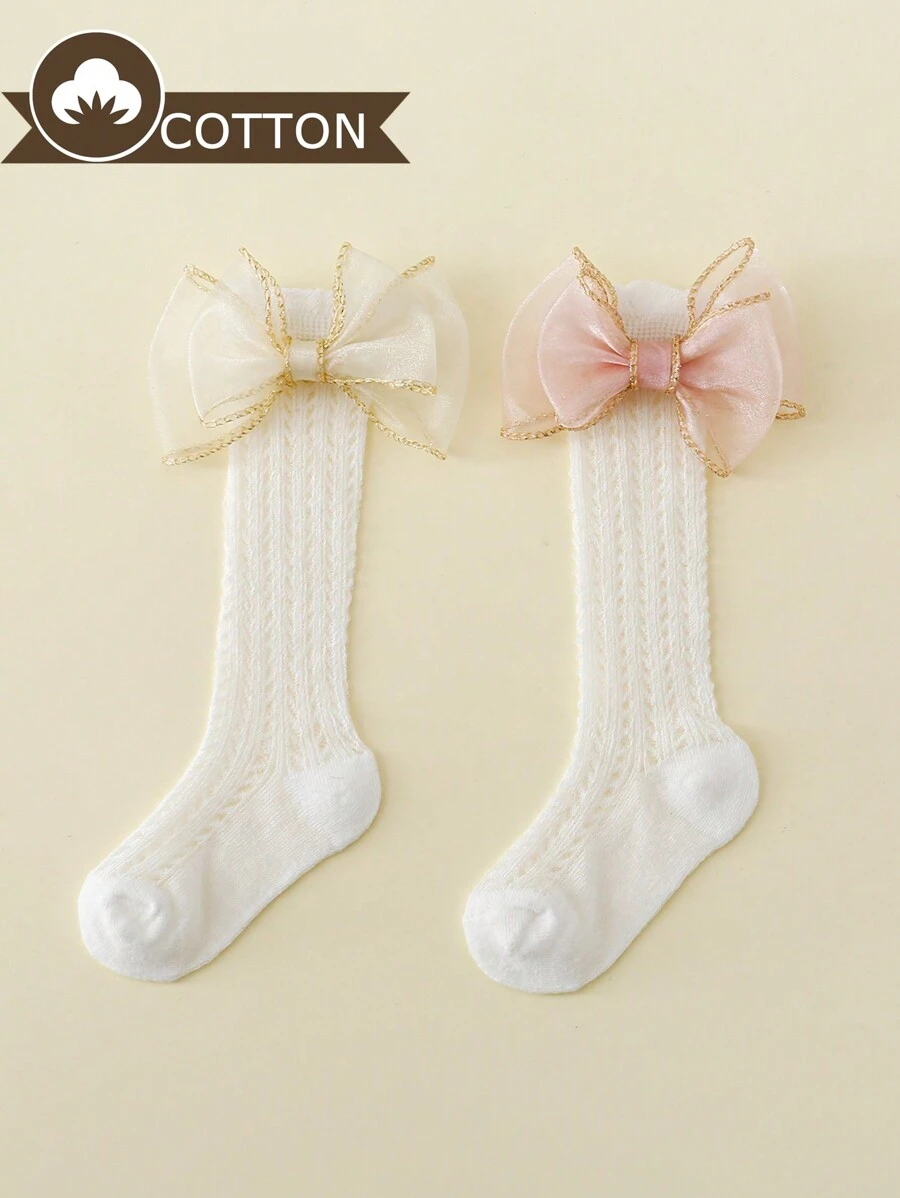 2 Cặp/gói Đôi Tất Giữa Bắp Chân Viền Vàng Viền Nơ 2 Lớp Cho Bé Gái, Thích Hợp Cho Mùa Xuân Và Mùa Hè - trắng - Xem 1