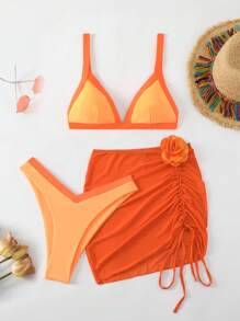 SHEIN Swim Bộ bikini áo và váy màu khối dành cho nữ có trang trí và nếp gấp hoa 3D, bãi biển mùa hè - trái cam - Xem 7