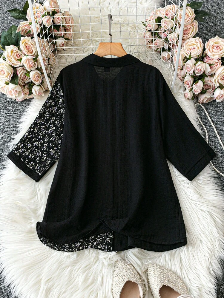 Plus Size Women's Fashionable AB Style Floral Patchwork Shirt, Versatile
