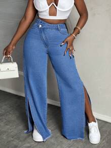 SHEIN Slayr Quần jean ống rộng xẻ tà lưng cao bất đối xứng dành cho nữ - Rửa trung bình - Xem 3