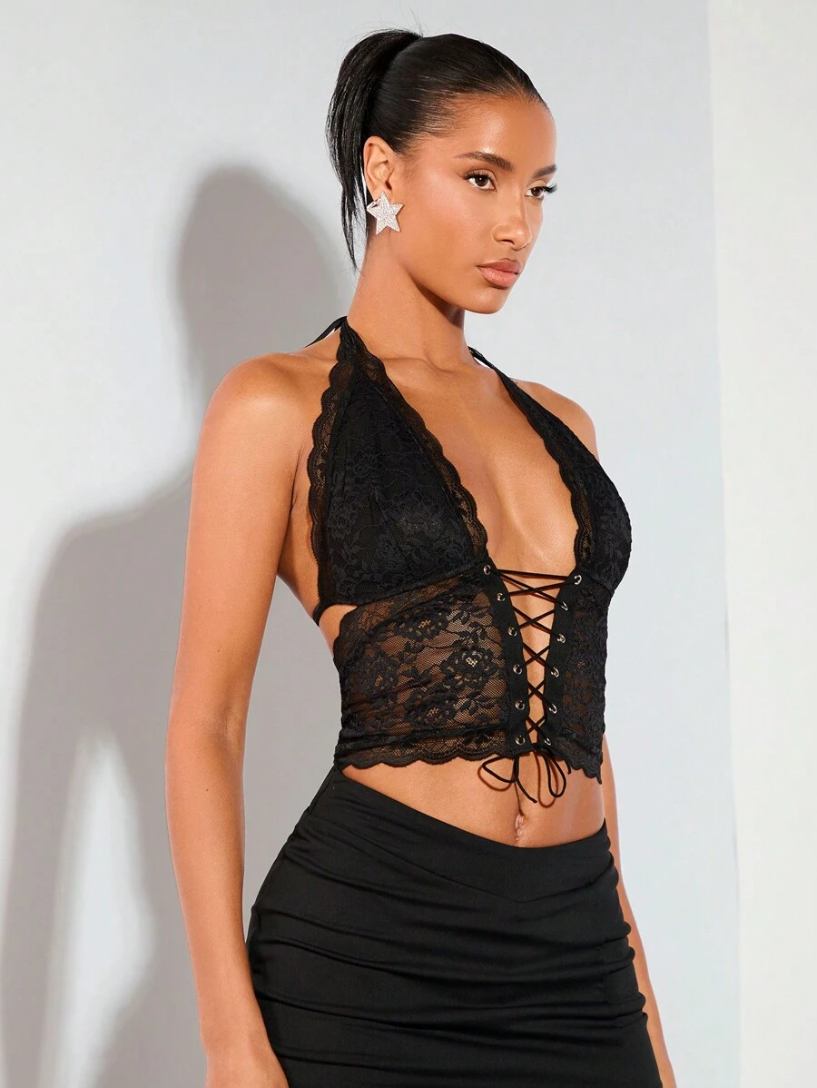 SHEIN BAE Black Sexy Lace Corset Top&Black Sexy Lace Corset Top&Crop Top&Country Concert Outfit&Rave Festival Outfits&Summer Outfits