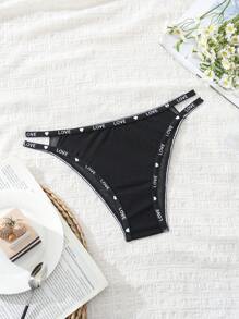 Braguita triangular con impresión de corazones y letras para mujer, con tirantes elásticos para uso diario y deportivo - Negro - Ver 1