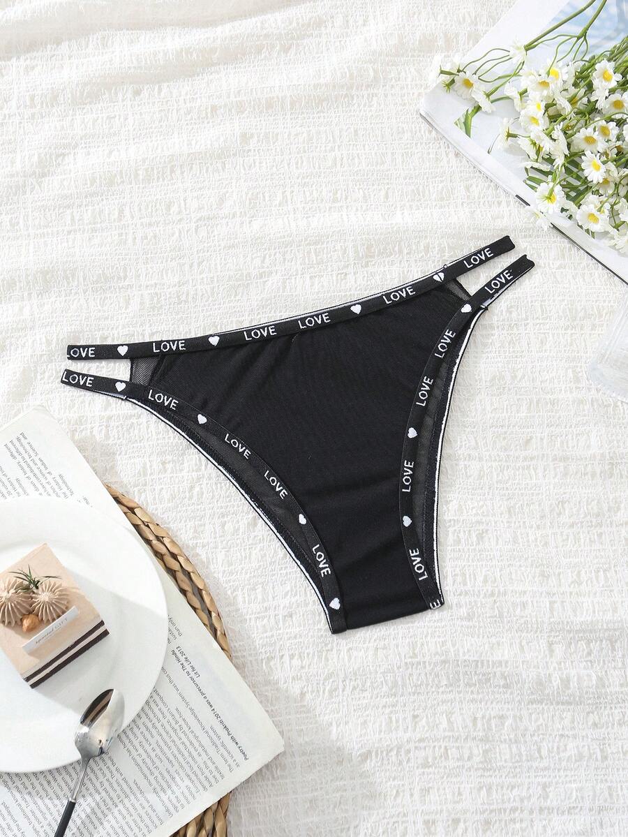 Braguita triangular con impresión de corazones y letras para mujer, con tirantes elásticos para uso diario y deportivo - Negro - Ver 1