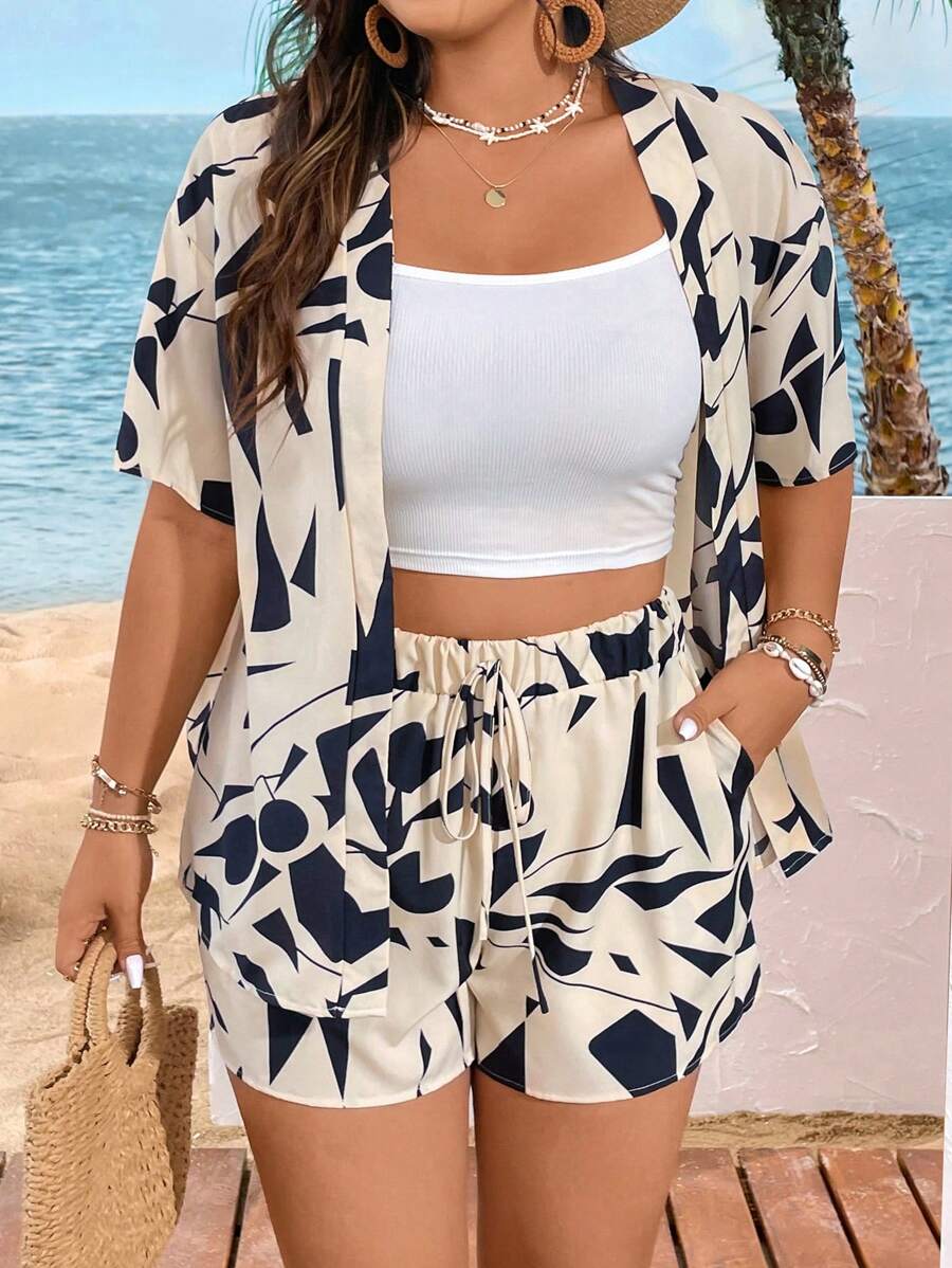 Nubod 大码女式波西米亚风随机印花简约日常短袖 T 恤和短裤套装，适合夏季 - 彩色 - 查看 1