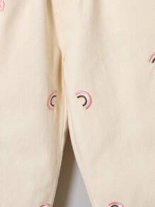 SHEIN 年轻女孩可爱甜美彩虹心印花度假乡村牛仔裤 - 杏色 - 查看 4