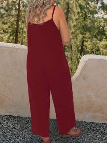 SHEIN LUNE Mono de talla grande de unicolor con bolsillos, peto sin mangas para verano - Burdeos - Ver 2