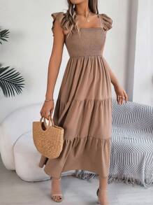 New Solid Color Squared Collar Casual Backless Ruffle Hem Sleeveless Midi Dress, Khaki, Spring/Summer - Khaki - View 3