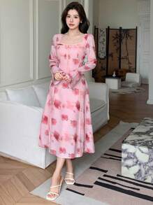 DAZY 女士雪纺印花连衣裙，荷叶边，秋季花卉连衣裙 - 粉色 - 查看 7
