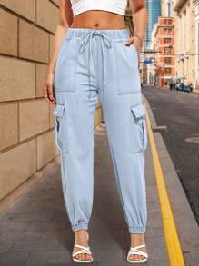 Breezaya Pantalones de mezclilla deportivos de mujer de cintura alta con cordón ajustable y múltiples bolsillos - Lavado ligero - Ver 1