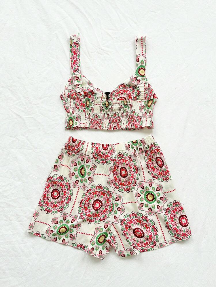 WYWH Vacation Women's Music Festival Casual Chest Accessories And A-Line Shorts  Print Two-Piece Set