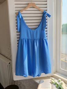 Comfortcana 夏季休閒純色無袖連身褲，綁帶式肩帶 - 藍色 - 查看 3