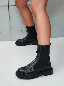 CUCCOO BIZCHIC 女士極簡主義厚底拉鍊設計時尚戶外黑色靴子，度假鞋夏季促銷 - 黑色 - 查看 8