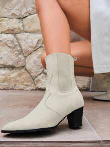 Women Slip-on Chunky Heeled Classic Boots, Elegant Beige Faux Suede Mid Calf Boots - Beige - View 2