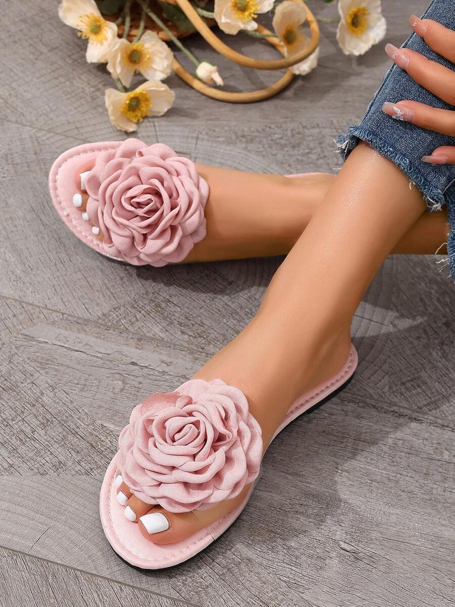 Dép hoa nữ, Giày trượt ngón chân mở rộng đáy phẳng phong cách cổ tích, Thời trang mùa hè mới - Hồng - Xem 1