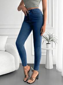 SHEIN Cottnline Solid Color Skinny Jeans - Blue - View 4